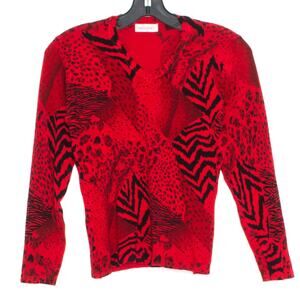 Vintage Sweater Animal Prints Y2K 80s Grunge Artsy Statement Bold Red Black XXS